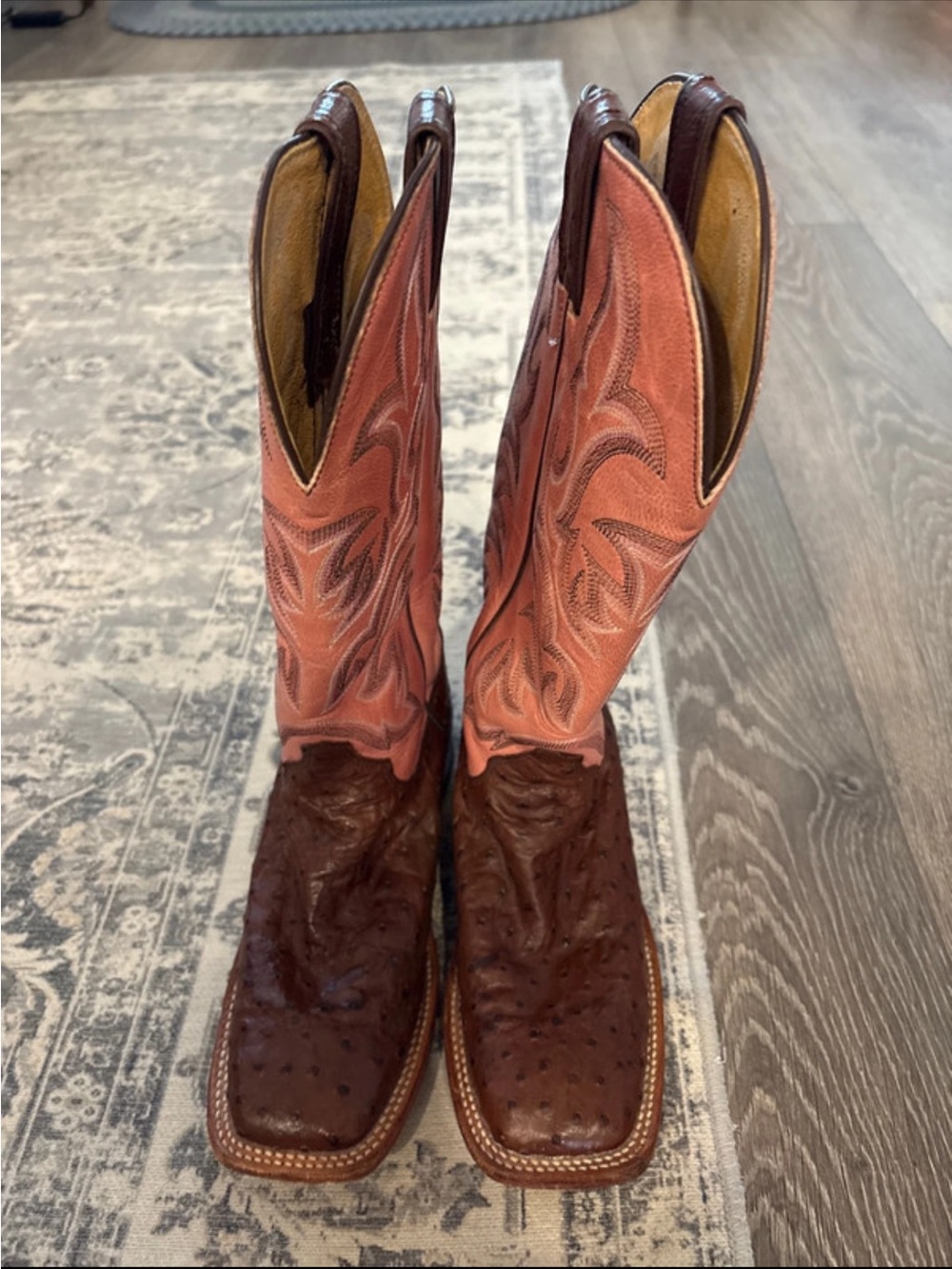 Justin Boots Brown Foot with Pink Shaft Western Cowboy Boots-Ostrich